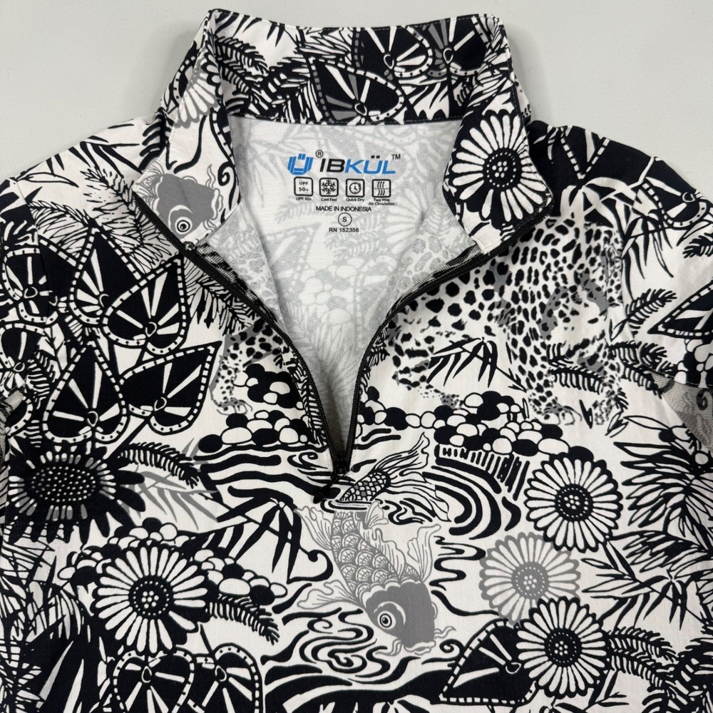 IBKUL Quarter Zip Pullover Womens Small Black White Leopard Koi Sun Shirt UPF 50